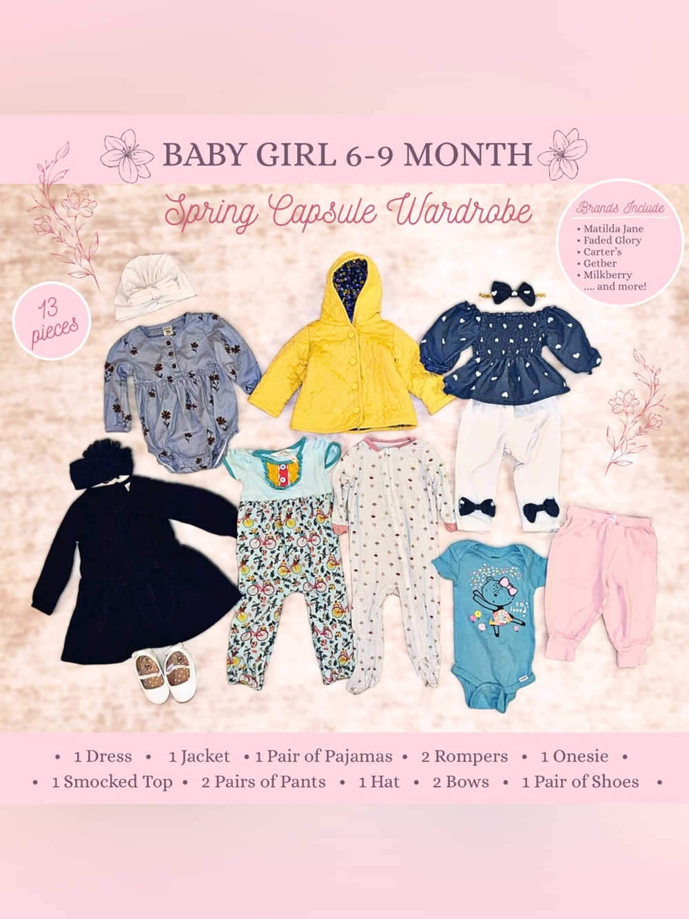 Baby Girl 6-9M Spring Clothing Bundle | 13 Pieces | Jacket, Dress, Shoes, & More